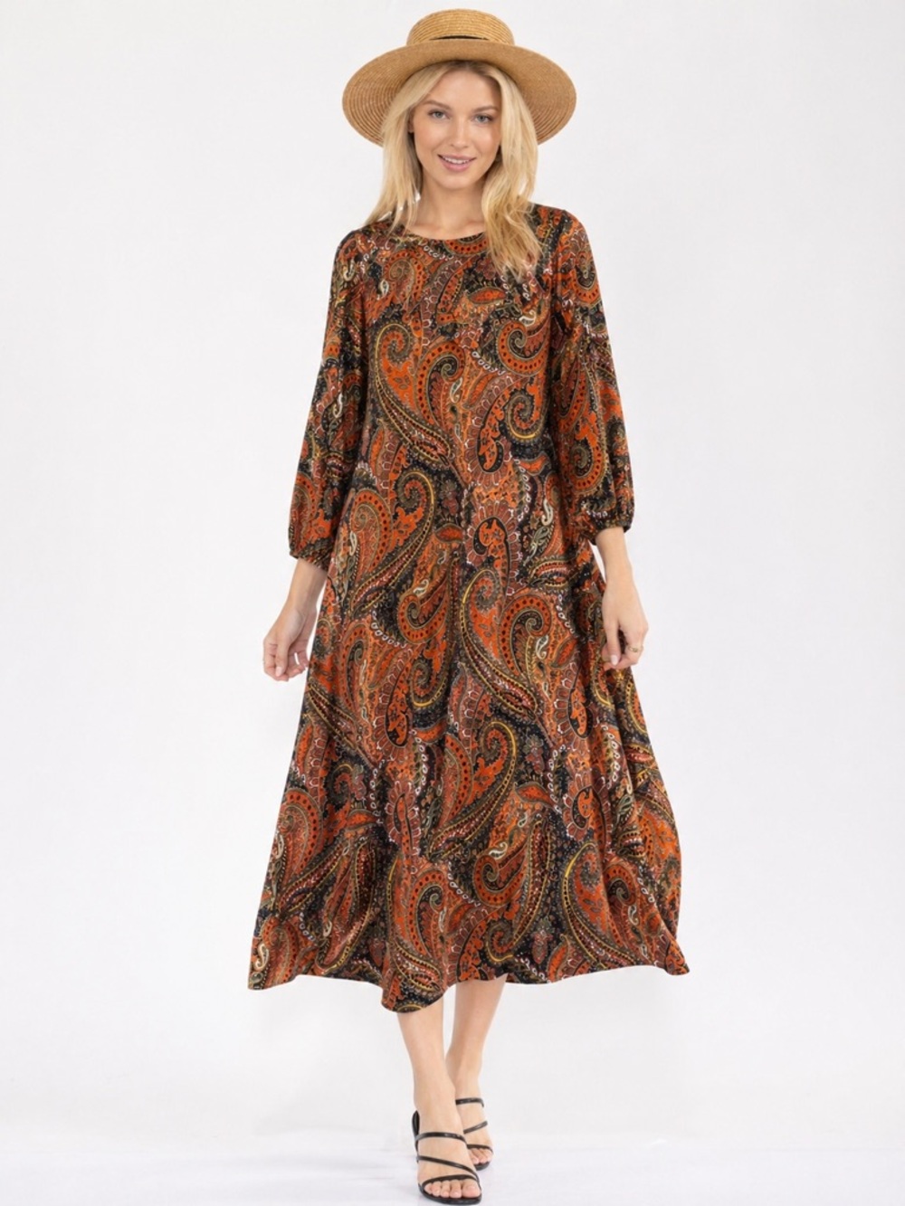 Paisley Midi Dress in Rust - Women's Boho Sleeve Dress